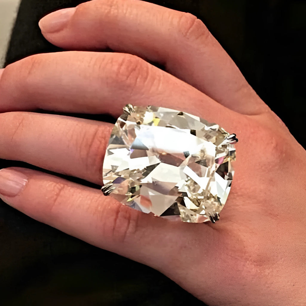 Simple white square diamond ring with geometric design on alloy band in white gold colour