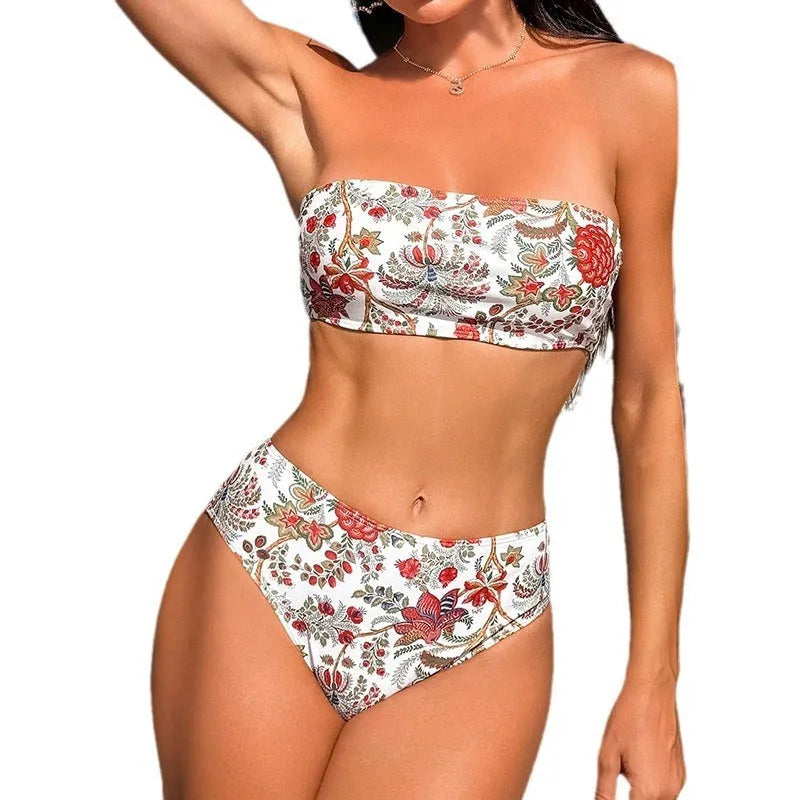 Women's printed bandeau swimsuit bikini set with triangle top and matching beach shorts.