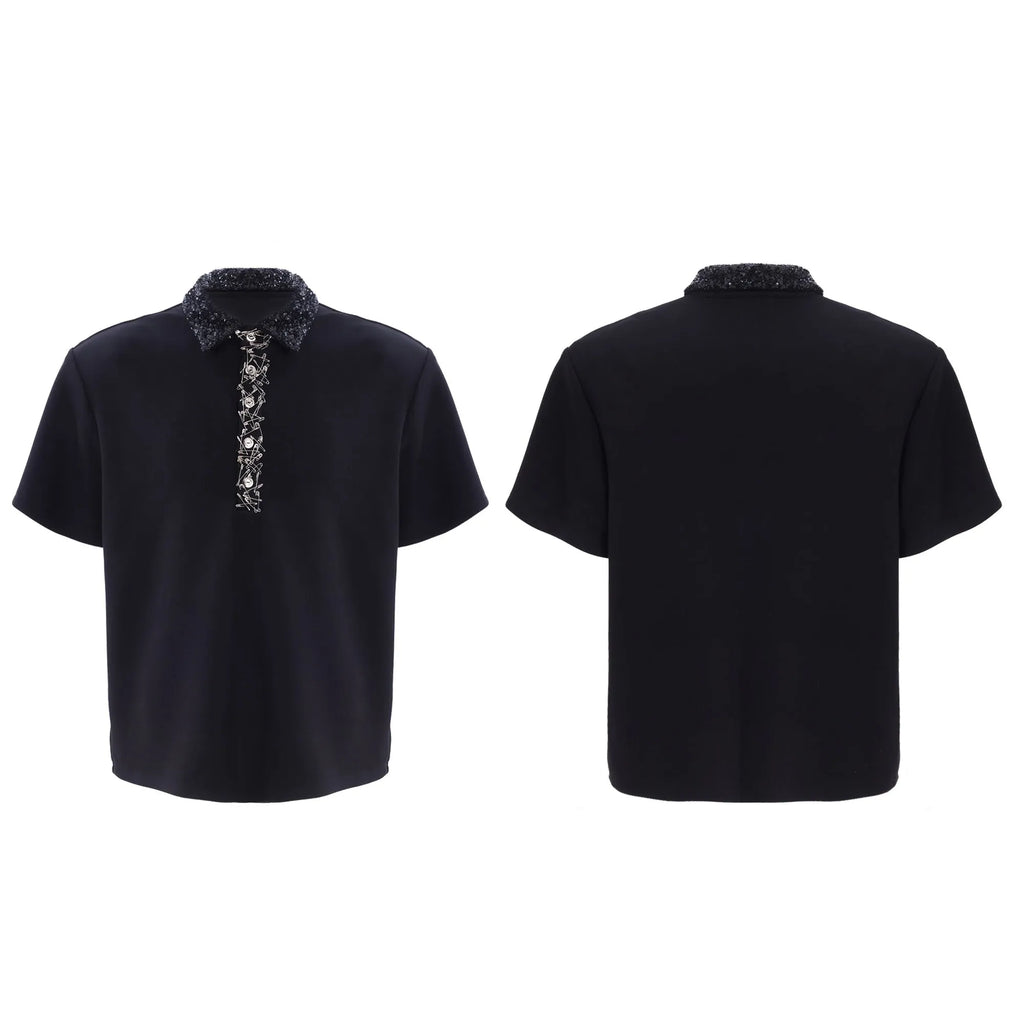 Men's black polyester polo shirt with embroidery and sequin detailing, square collar and short sleeves