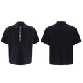 Men's black polyester polo shirt with embroidery and sequin detailing, square collar and short sleeves