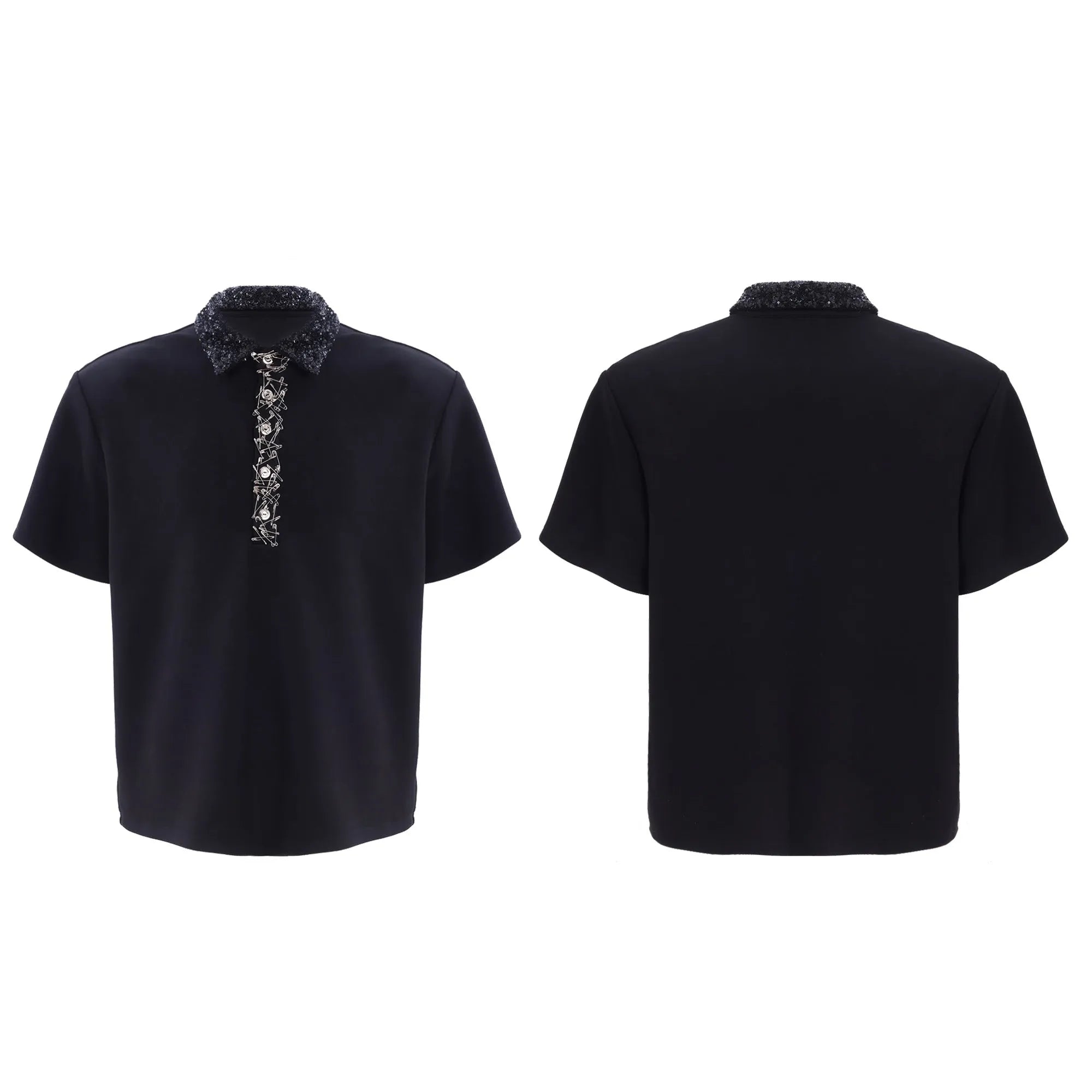 Men's black polyester polo shirt with embroidery and sequin detailing, square collar and short sleeves