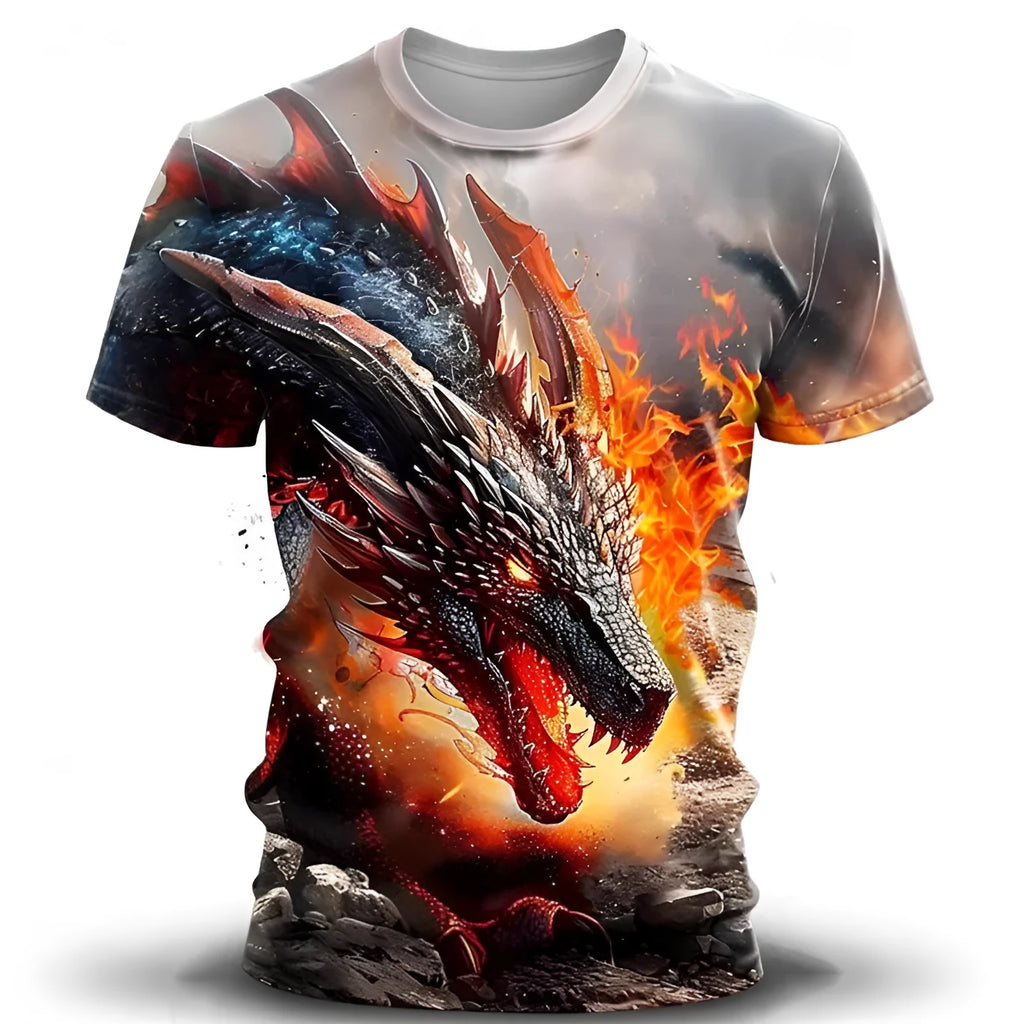 Men's grey T-shirt with 3D wind dragon chest print, short sleeves, thin milk silk fabric