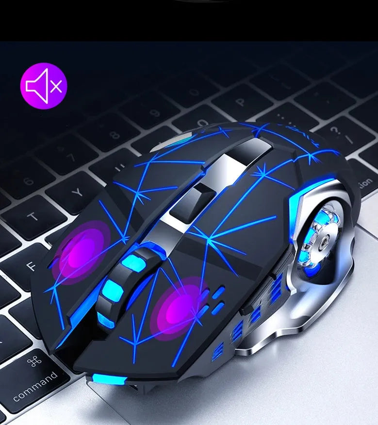 Black and white wireless silent mouse with six buttons on a desk next to a laptop
