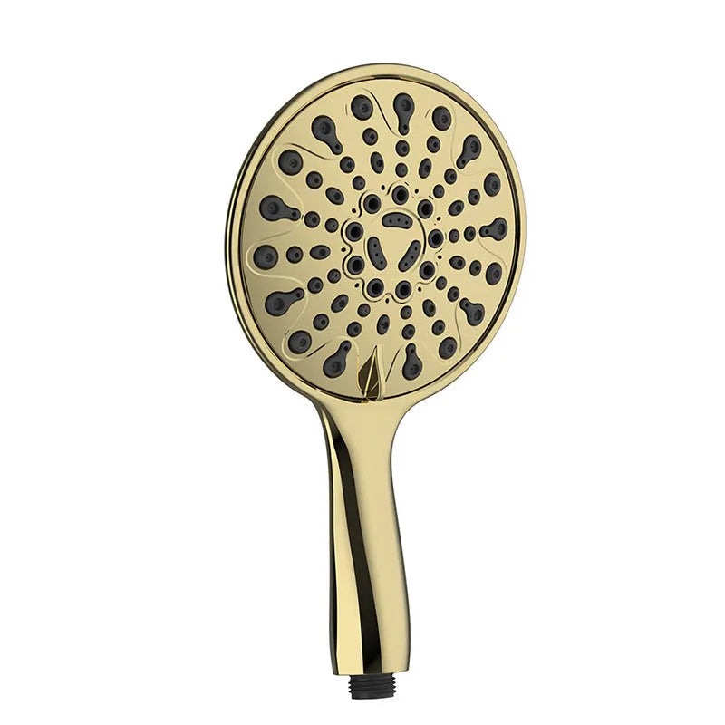 Six-function handheld shower head with electroplated finish showing massage, bubble, and rain mode settings
