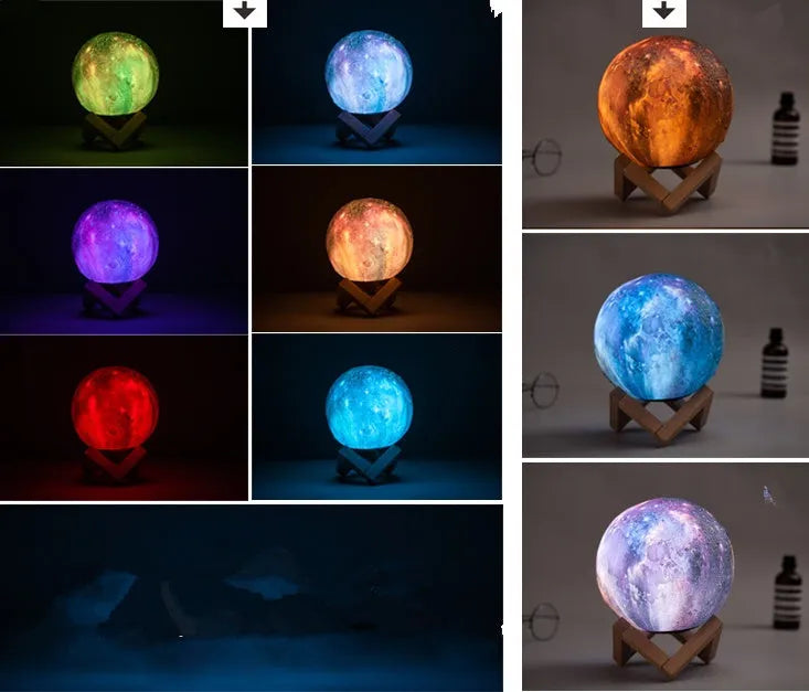 White spherical lunar night light with textured surface and soft LED glow on a dark surface.