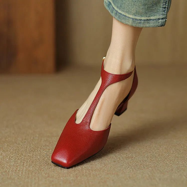 Wine red sheepskin leather square toe high heels with a chunky heel and silver buckle closure.