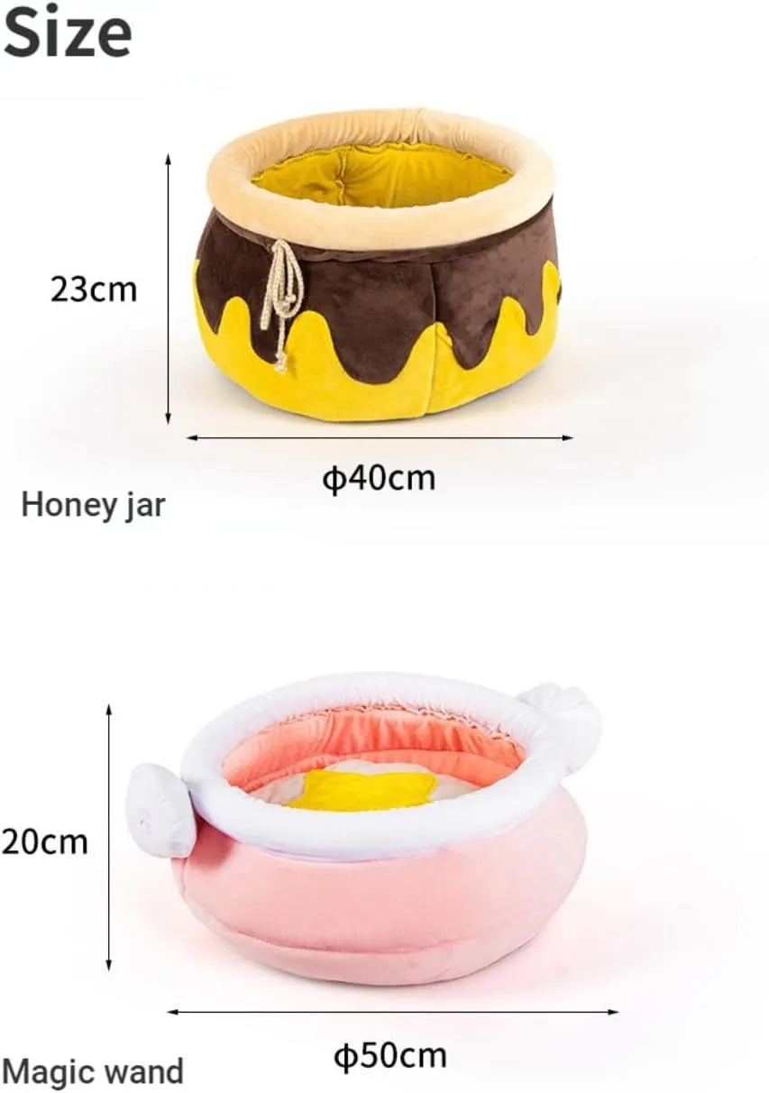 Pink honey pot-shaped cat sofa bed with a soft, removable grey nest pad inside.