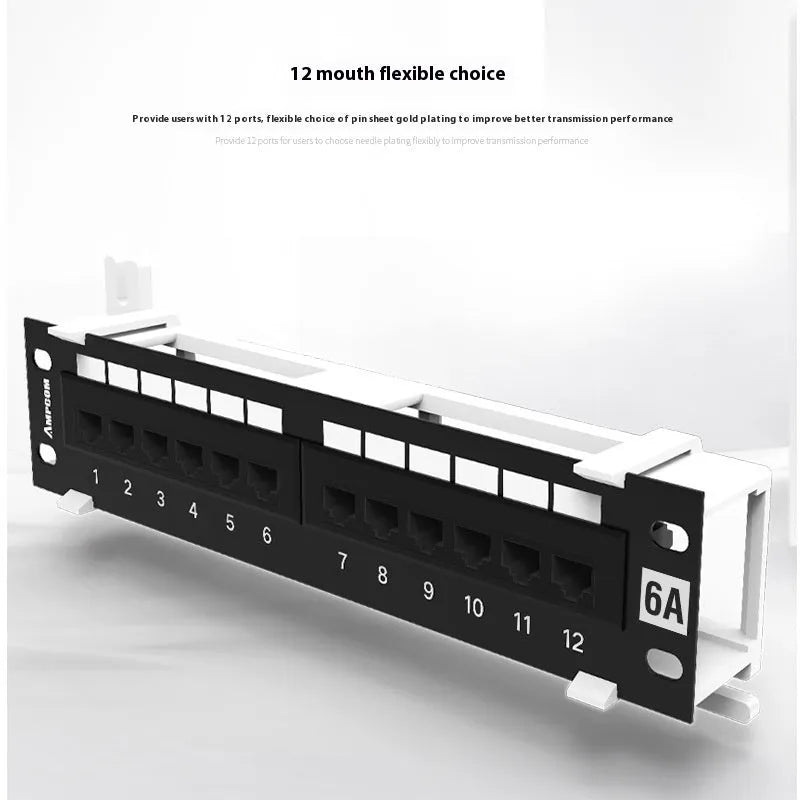 Black AMPCOM Super Six 12-port network distribution frame with mounting bracket