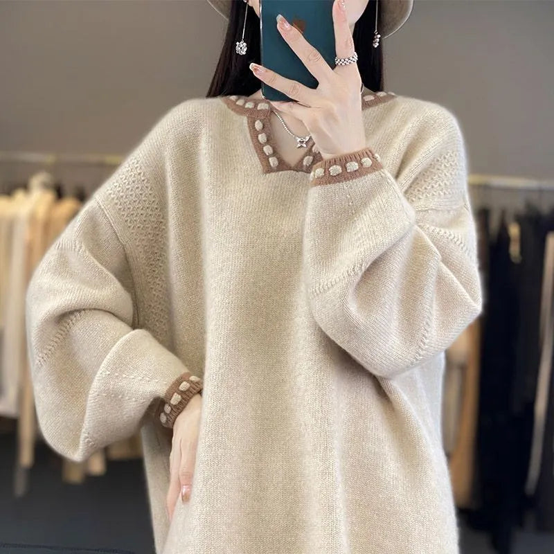 Women's camel V-neck viscose pullover sweater with long sleeves on hanger
