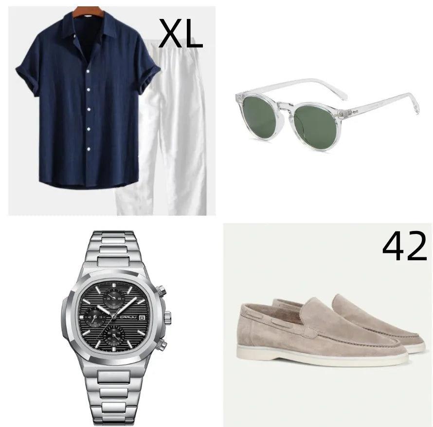 Casual loose fit beachwear short sleeve suit in cotton linen fabric with matching trousers and accessories