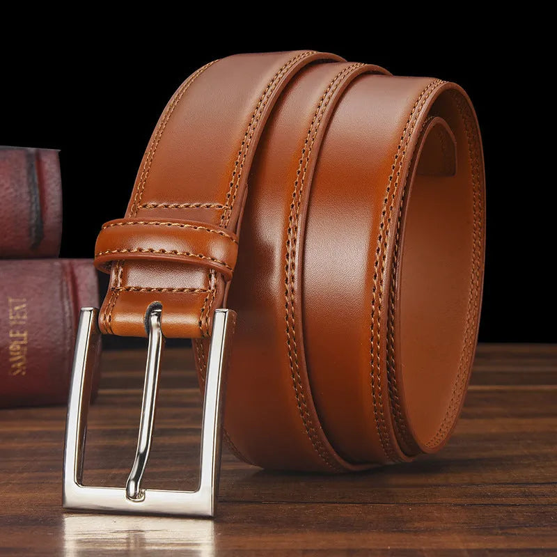 Men's genuine two-layer cowhide leather belt with alloy pin buckle in classic black or brown