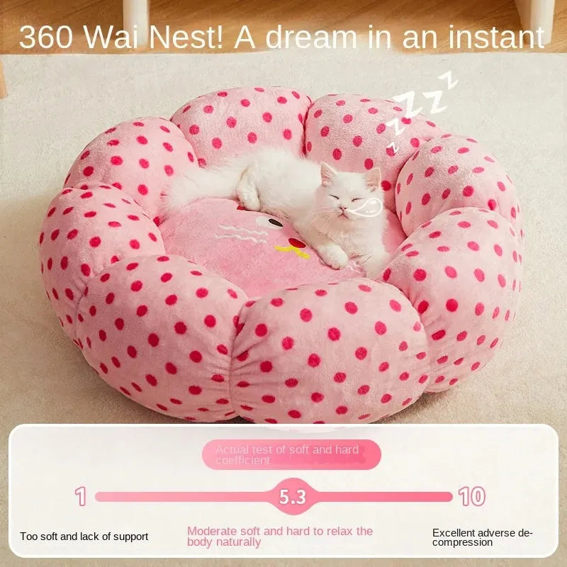 Pink dot fabric cat bed cushion shown in two size options for pets up to 20 pounds