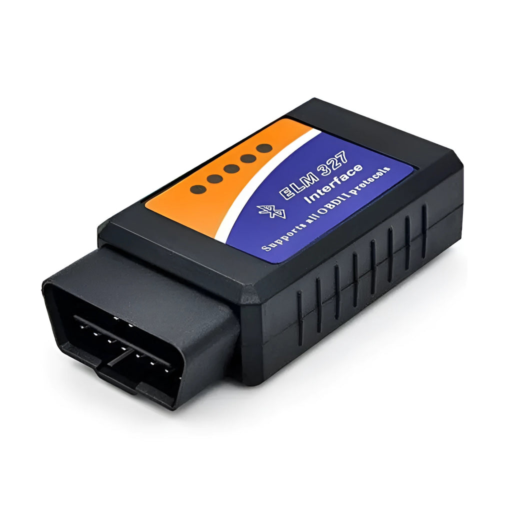 Small blue OBD2 Bluetooth diagnostic scanner with ELM327 chip for reading car engine fault codes