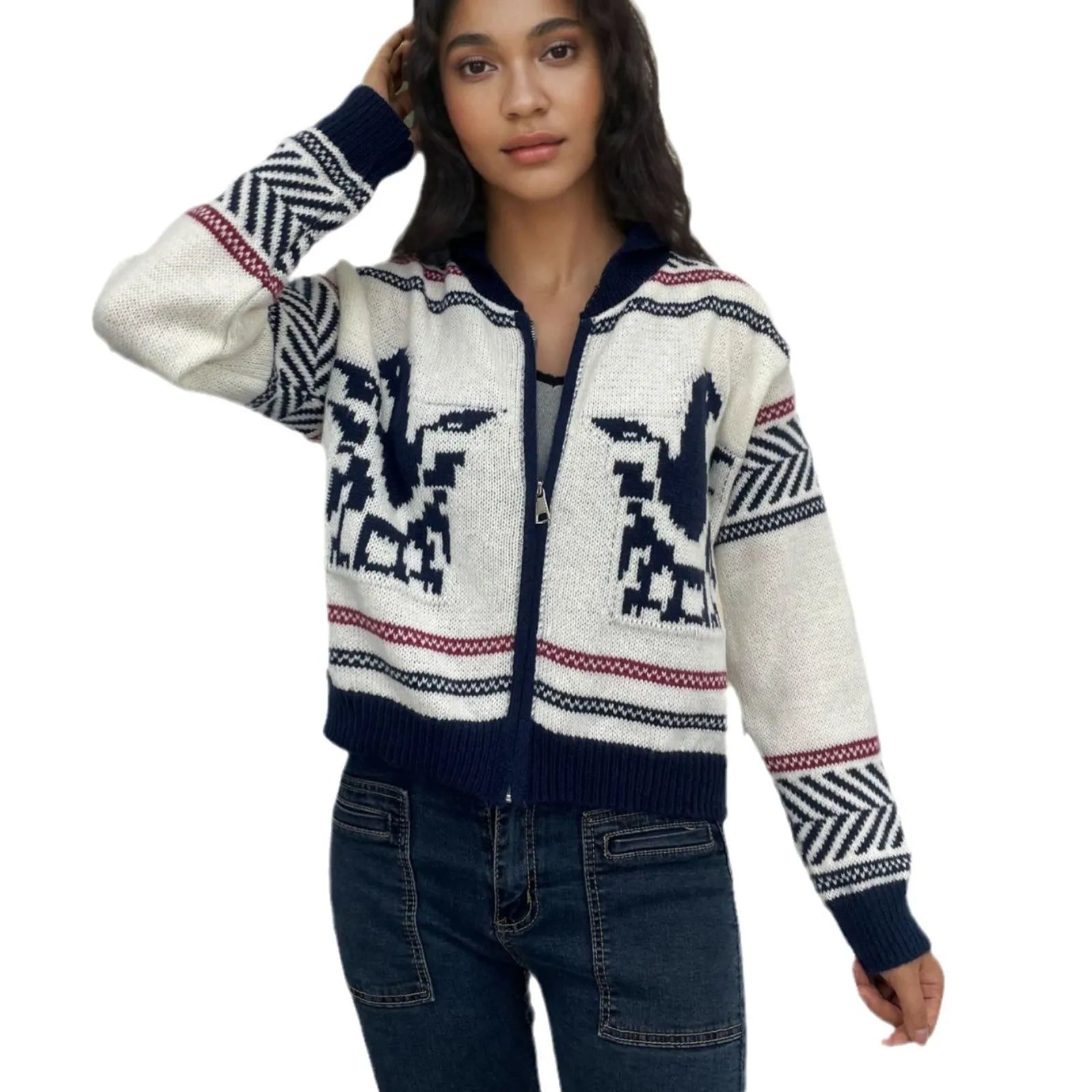 White women's zip-up cardigan with a jacquard contrast colour stripe pattern and a lapel collar.