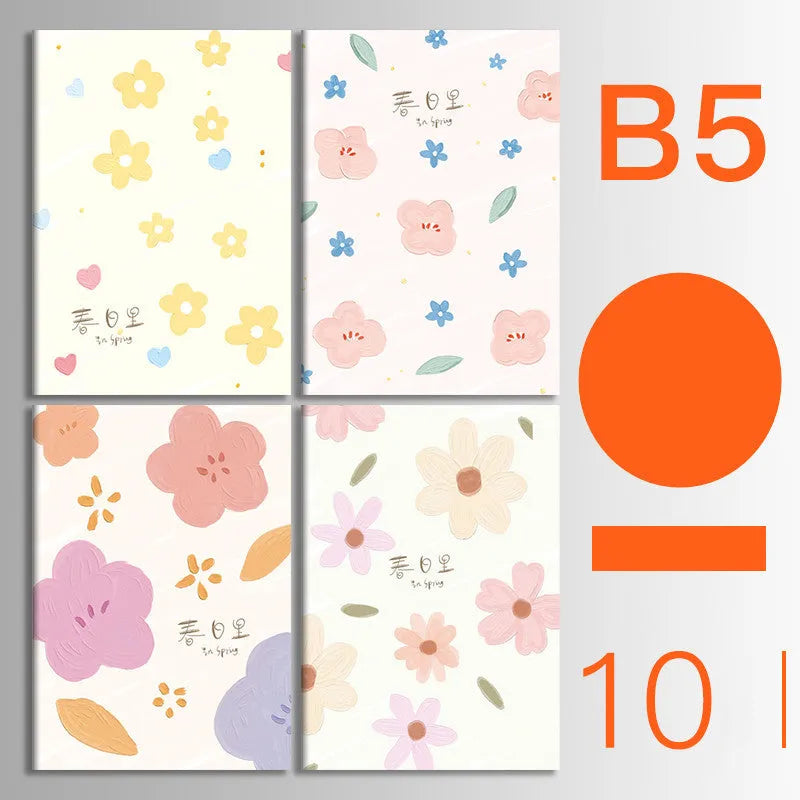 Ten soft cover kraft paper notebooks with thread binding in A5 and B5 sizes showing multiple design styles