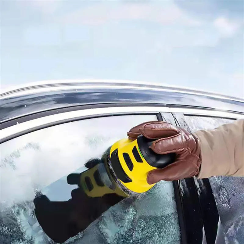 Yellow cordless electric ice scraper with USB charging cable for car windows