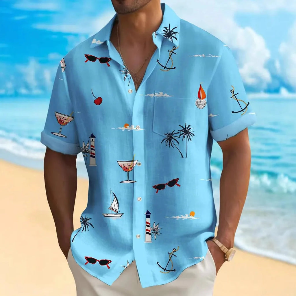 Men's loose fit Hawaiian shirt with digital print pattern, short sleeves.