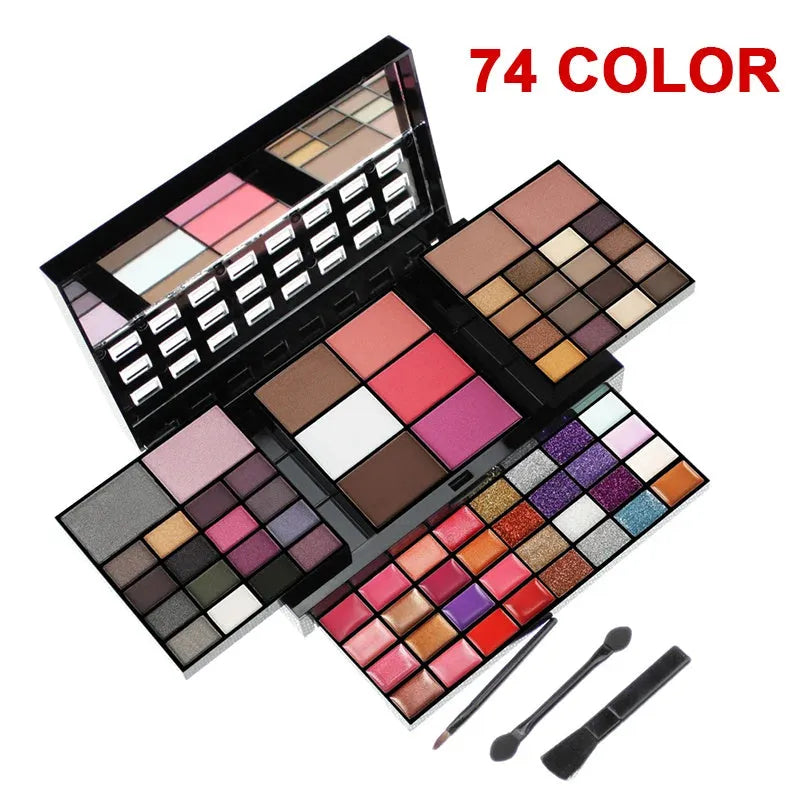 74 colour makeup palette open showing eyeshadows, lip glosses, and face powders with a mirror and brushes.