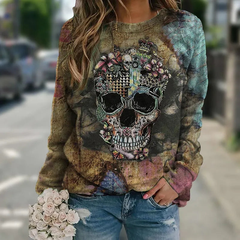 Black long sleeve sweatshirt with printed skull design on polyester knit fabric