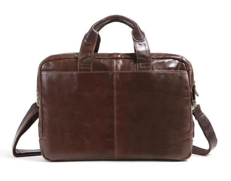 Brown leather business briefcase with 18-inch laptop compartment and professional design