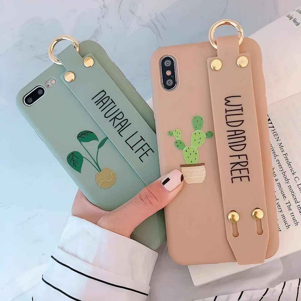 Green graffiti print phone case with a detachable wrist strap for iPhone