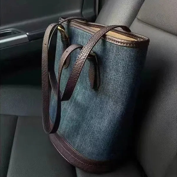 Denim patchwork retro bucket handbag with one shoulder strap