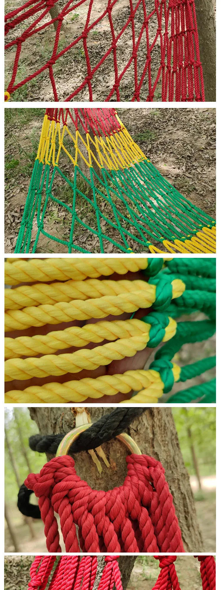 Nylon rope mesh hammock measuring 1.1 metres wide by 2.1 metres long with rope ties