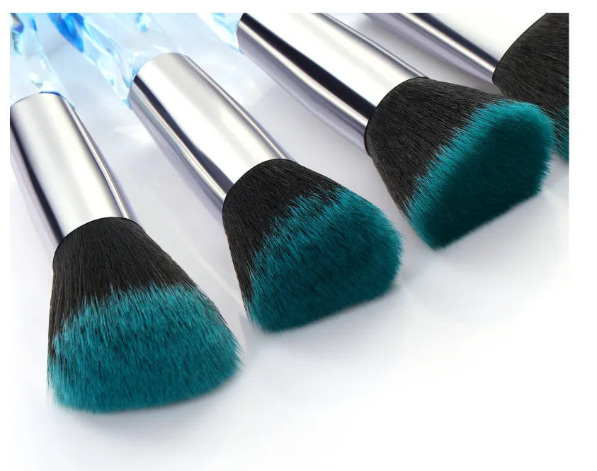 10 crystal handle foundation brushes showing black, blue, red, and yellow colours with 17.5cm length