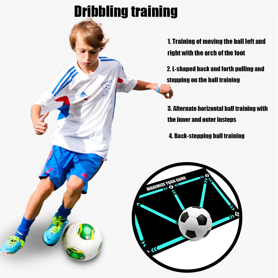 Black football training mat on a flat surface, dimensions 60cm by 90cm.