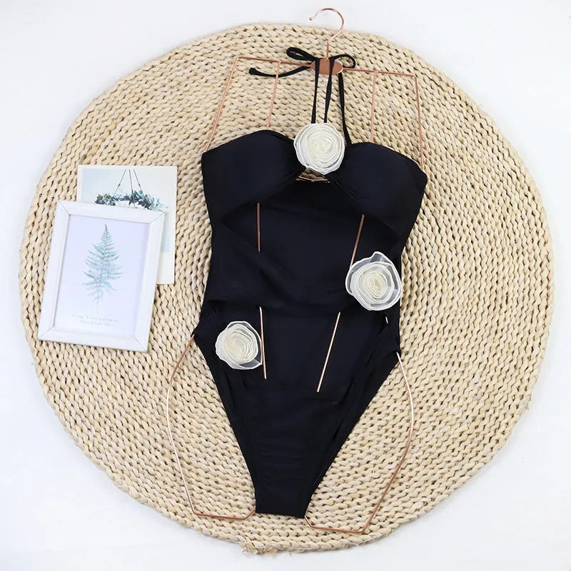 Women's black and blue stripes 3D flower one-piece swimsuit for swimming and sports