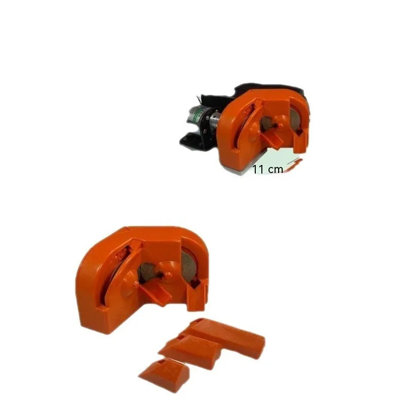 Portable grinding drill tool with orange and black sander sets showing irregular style construction
