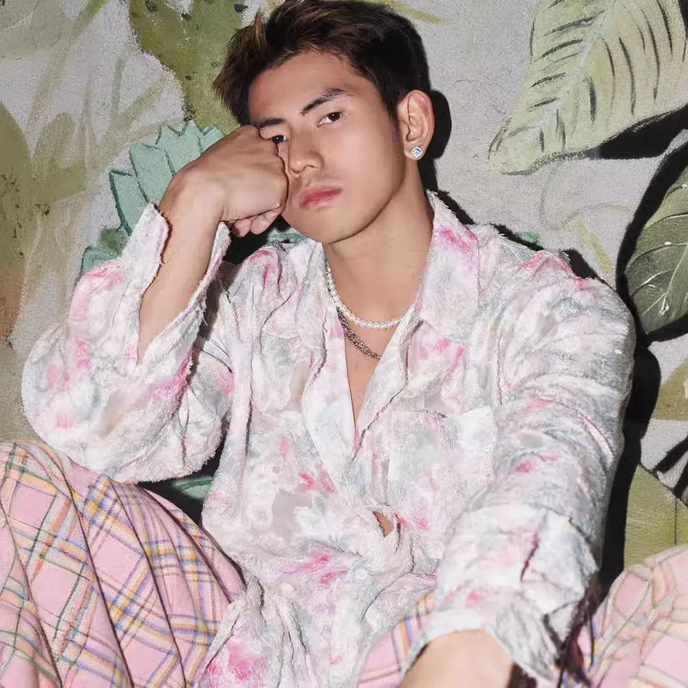 Floral long sleeve shirt with embossed three-dimensional pattern in pink colour option