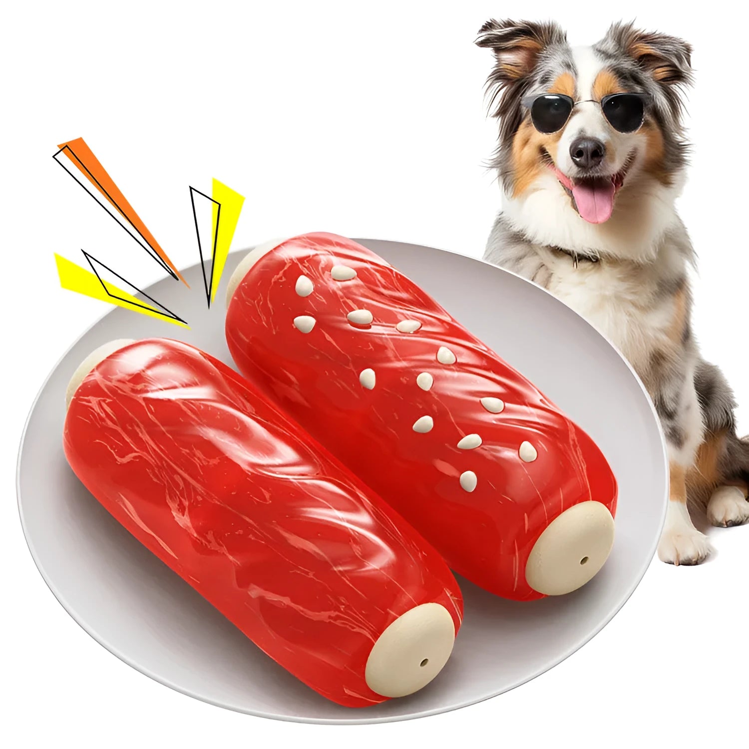 Plastic molar rod dog chew toy with treat dispensing holes