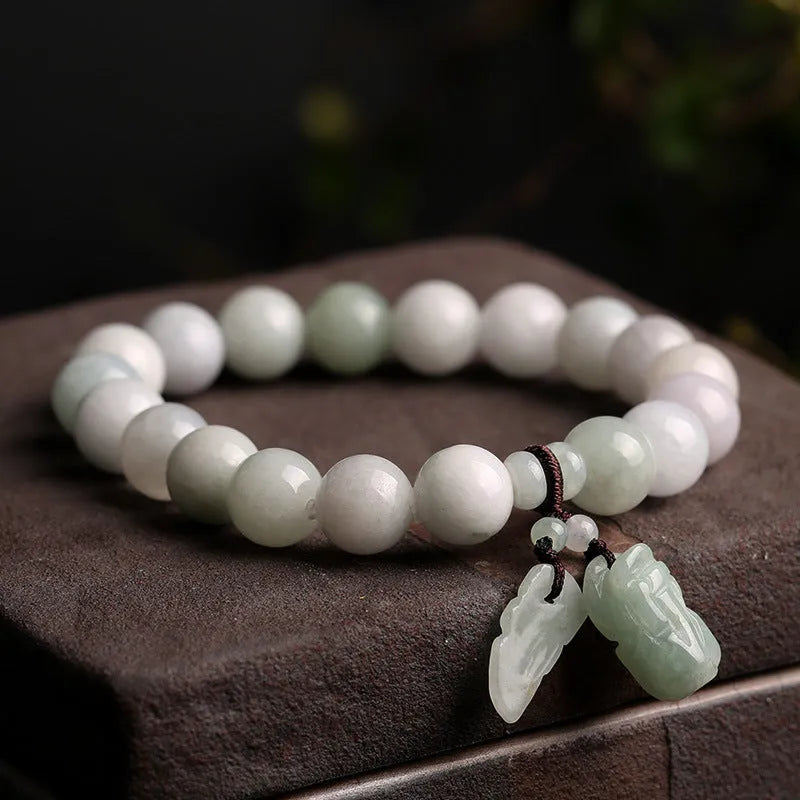 Natural emerald jade bracelet with geometric beads and Maitreya Buddha hanging pendant