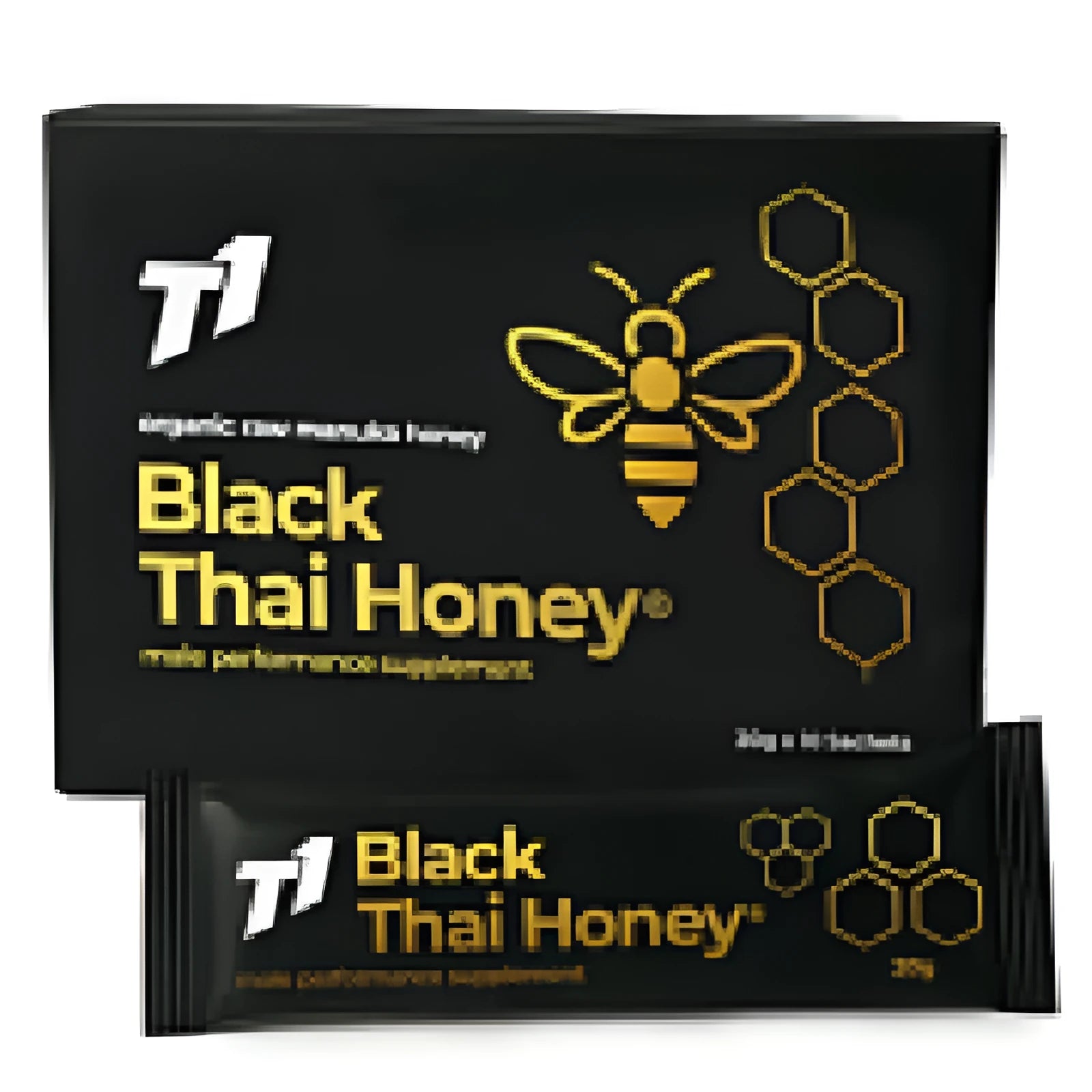 Single glass jar of T1 Black Thai Honey showing dark amber viscous liquid inside
