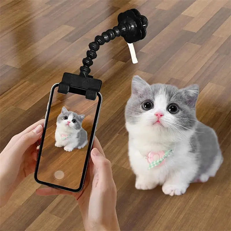 Black plastic pet photography tool with rotating clip for mobile phone attachment