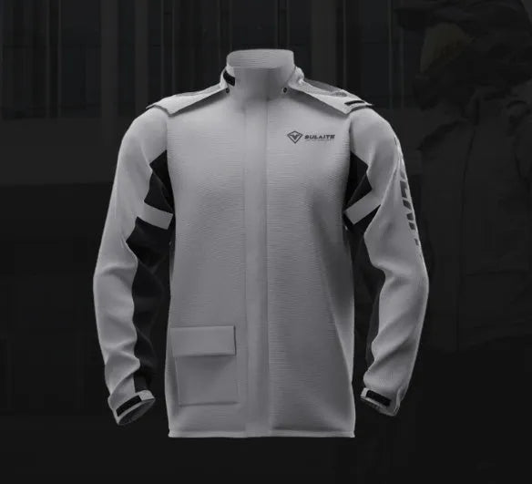 Motorcycle rain suit set showing raincoat, rain trousers, hidden shoe covers, and storage bag