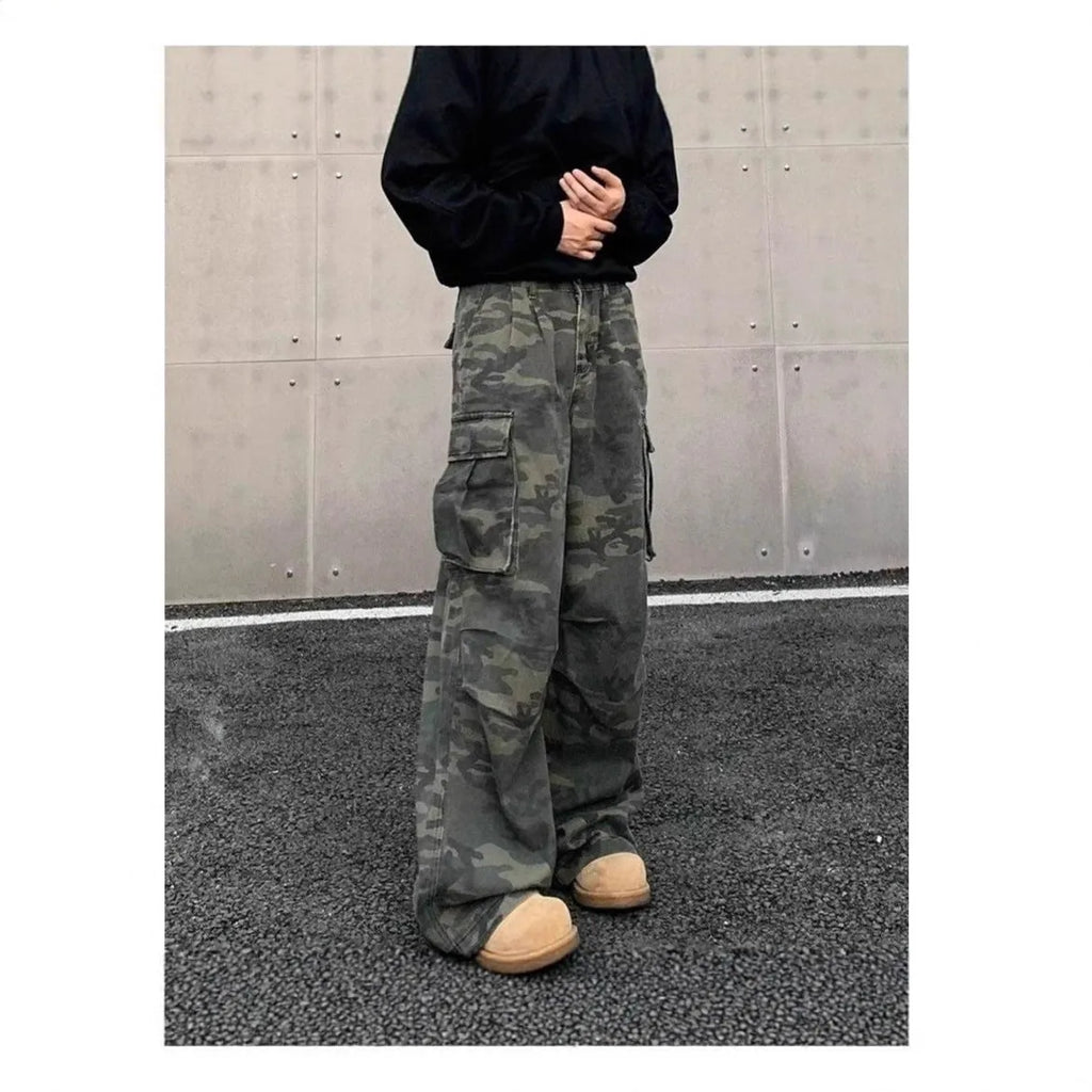 Cotton blend cargo pants with washed camouflage print and multiple pockets