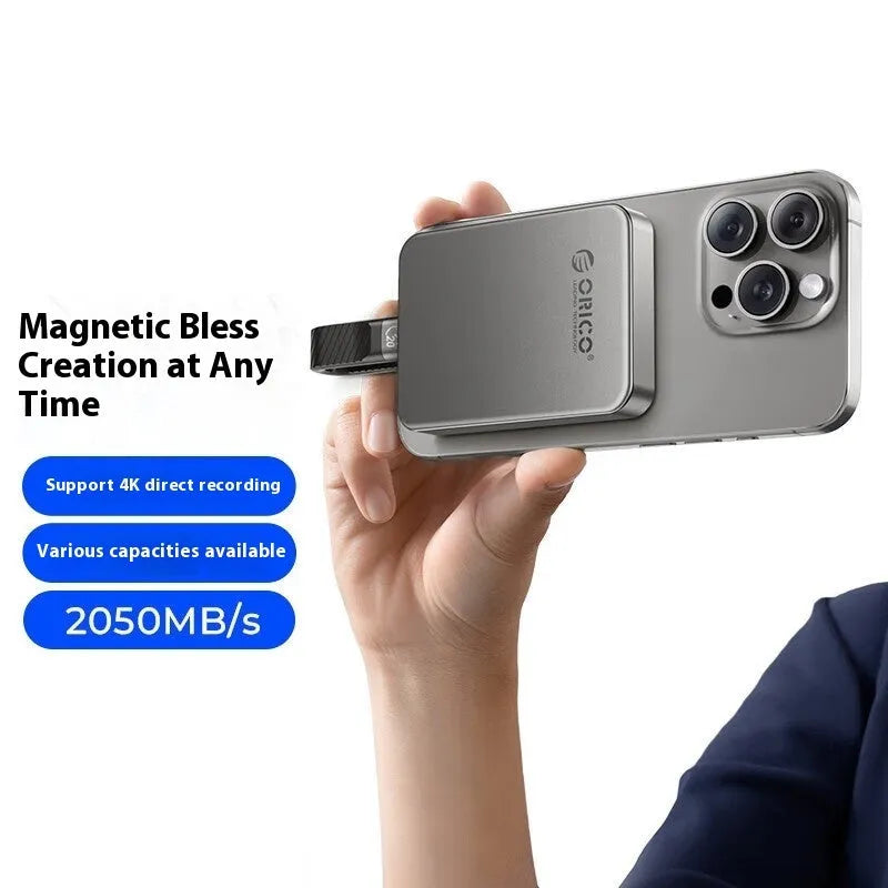Grey magnetic mobile solid state drive with ultra-thin design and dimensions 80x60x11.2mm