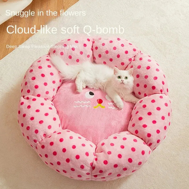 Pink dot fabric cat bed cushion shown in two size options for pets up to 20 pounds