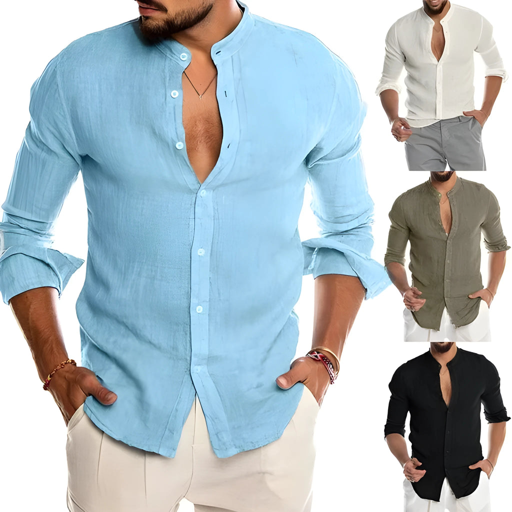 Men's linen cardigan, stand collar, long sleeve, casual autumn shirt in navy blue, army green, khaki, and white.