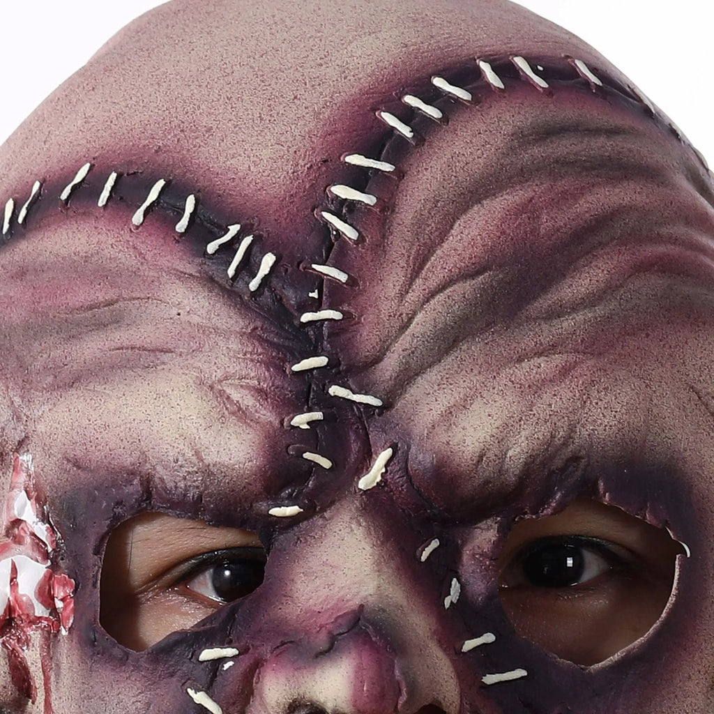 Three-sided grimace horror mask showing latex texture and comprehensive facial coverage for Halloween costumes
