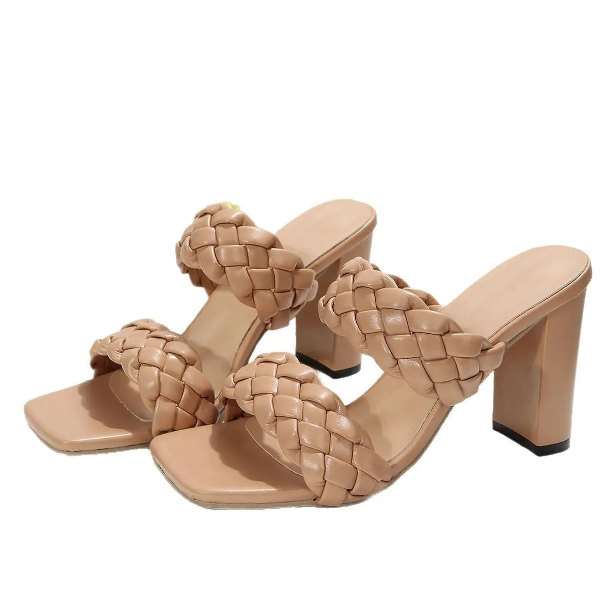 White square toe flip-flops with chunky woven heel and twisted strap design on a plain background.