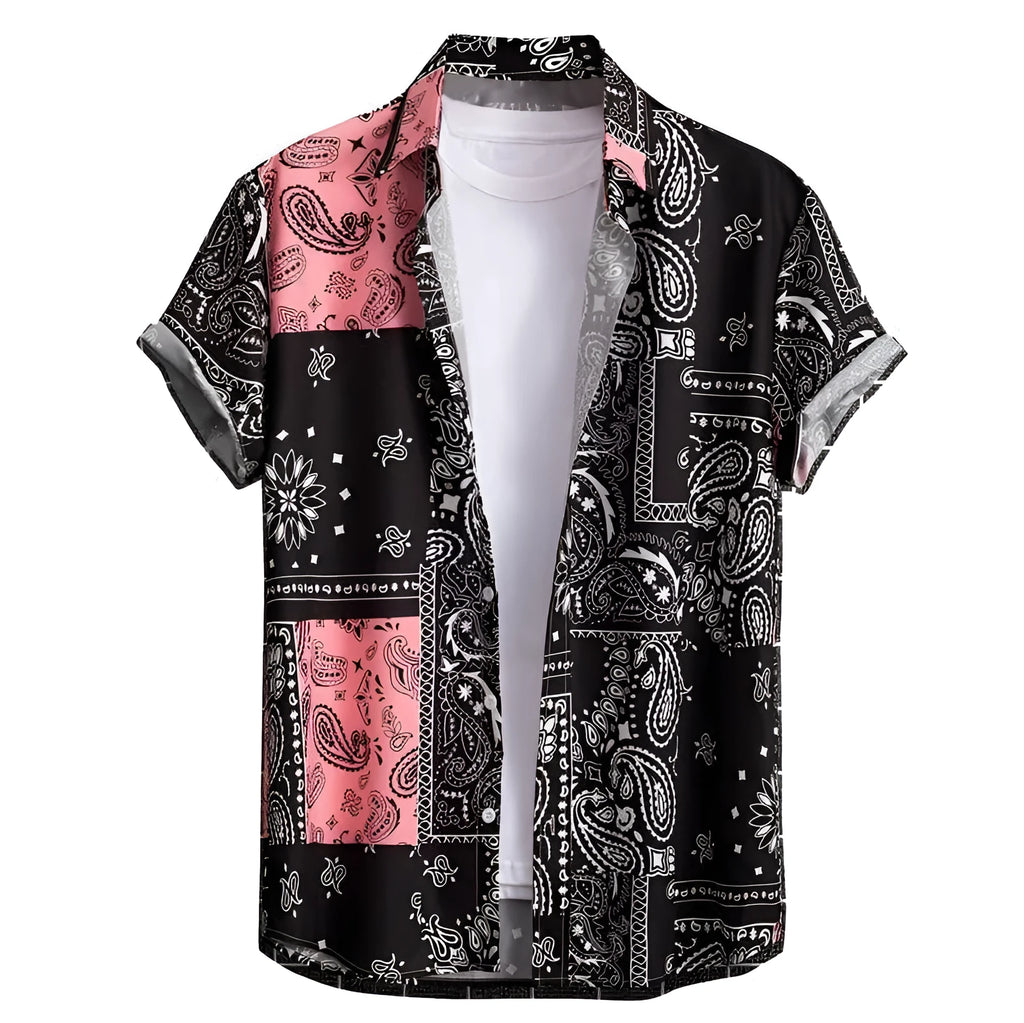 Man wearing a slim fit, short sleeve Hawaiian shirt with a vibrant digital print pattern.