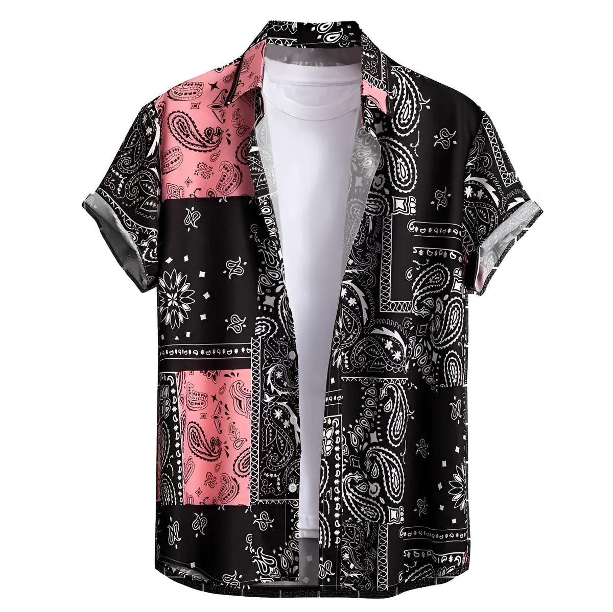 Man wearing a slim fit, short sleeve Hawaiian shirt with a vibrant digital print pattern.