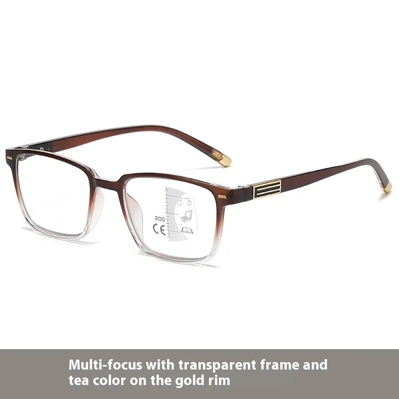 Multifocal reading glasses with photochromic lenses in a two-tone frame, showing blue light filtering and bifocal design.