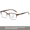 Multifocal reading glasses with photochromic lenses in a two-tone frame, showing blue light filtering and bifocal design.