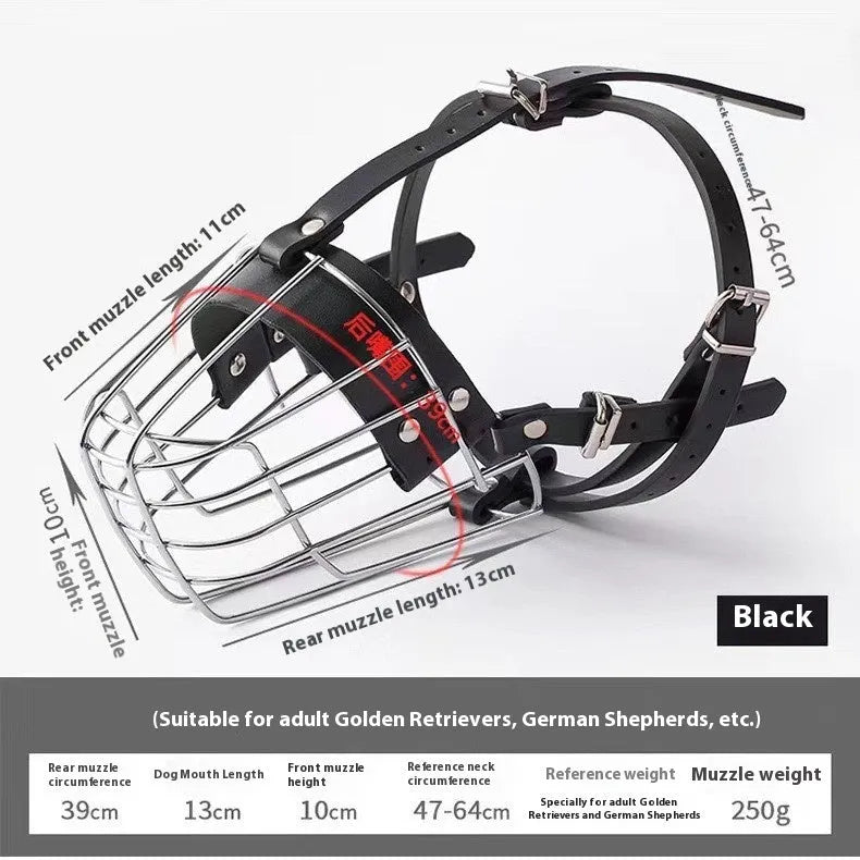 Black metal dog muzzle designed for a golden retriever or German shepherd.