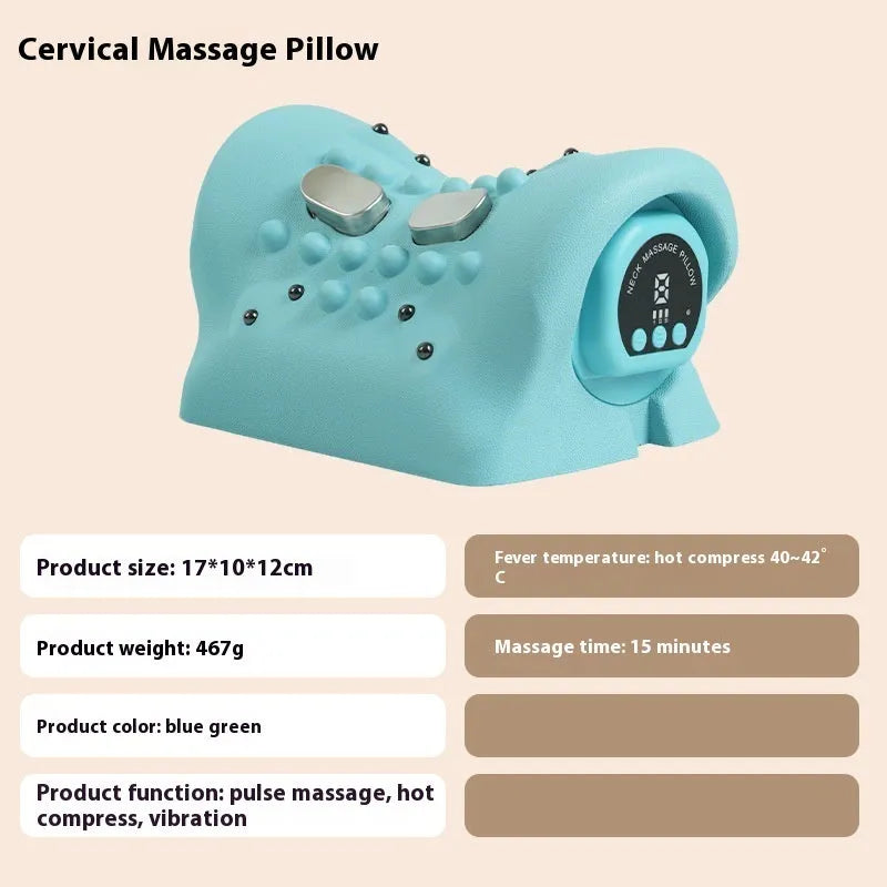 Blue-green portable massage pillow for neck and shoulders with EMS and heat functions