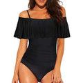 Black women's one-piece swimsuit with front cut-out design and ruffled shoulder straps